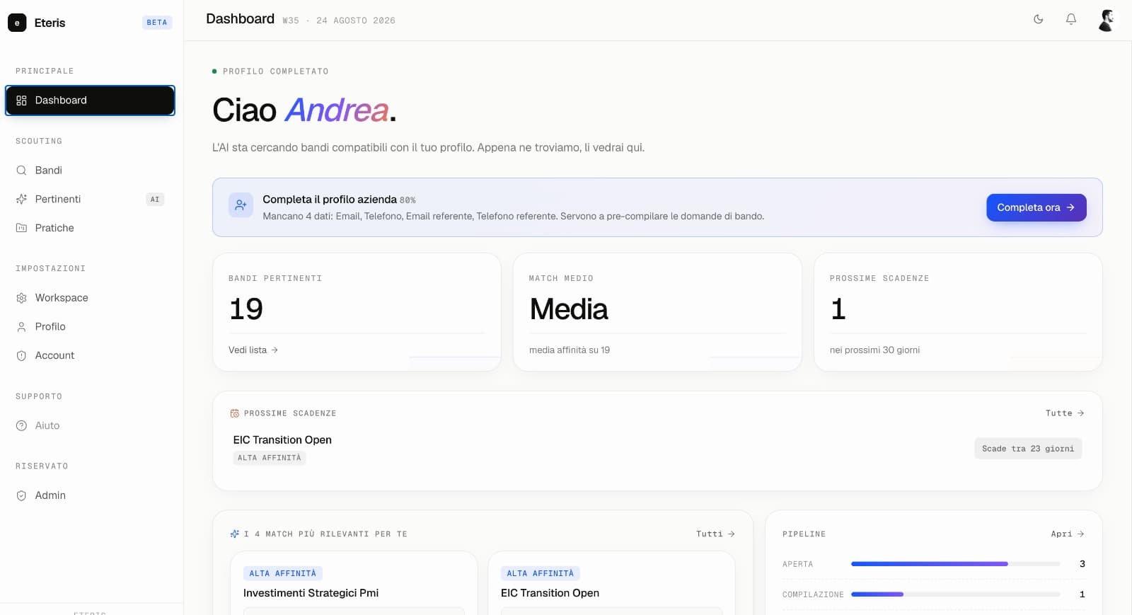 La dashboard di Eteris con i bandi più rilevanti per l'impresa